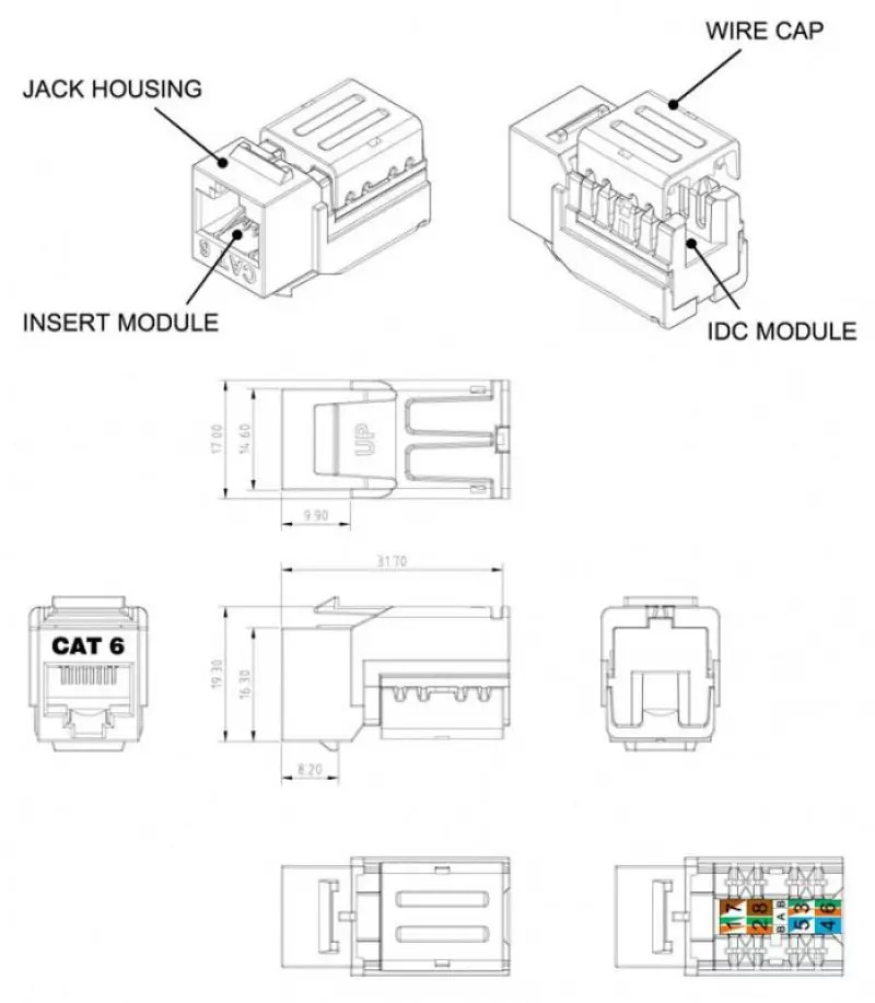 Hyperline KJNE-8P8C-C6-90-YL  Keystone Jack RJ-45(8P8C),  6, 110 IDC,    NE-TOOL, 