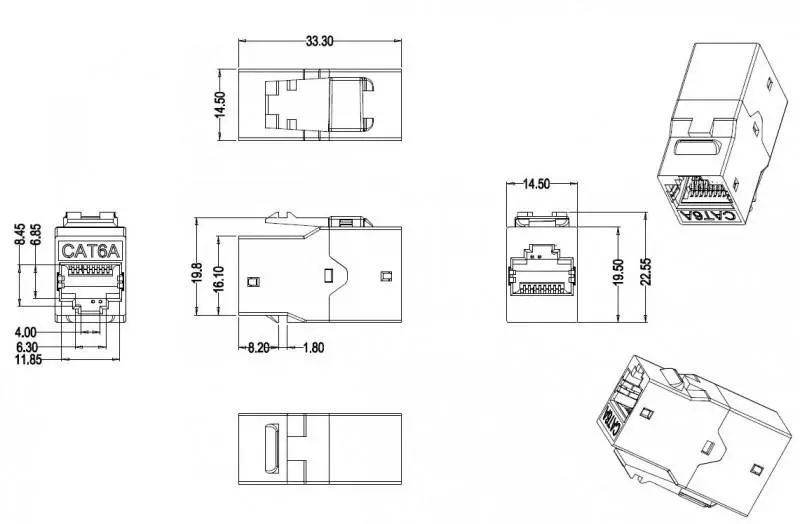 Hyperline CA2-KJ-C6A-SH-BK   (coupler), RJ-45(8P8C)  Keystone Jack,  6a, 4 , , 