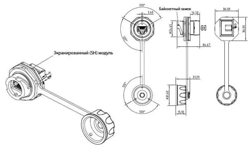 Hyperline KJ-IE-8P8C-C6-180-SH-F-BK   Keystone Jack RJ-45 (8P8C), IP67,  6,   , ,  (SH)