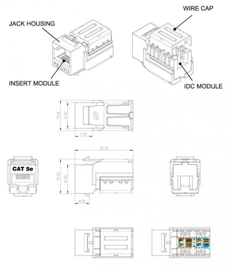 Hyperline KJNE-8P8C-C5e-90-GY  Keystone Jack RJ-45(8P8C),  5e, 110 IDC,    NE-TOOL, 