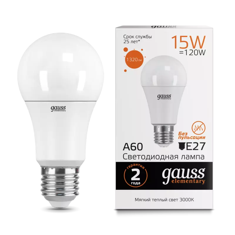  Gauss Elementary LED A60 15W E27 2700K 1/10/40