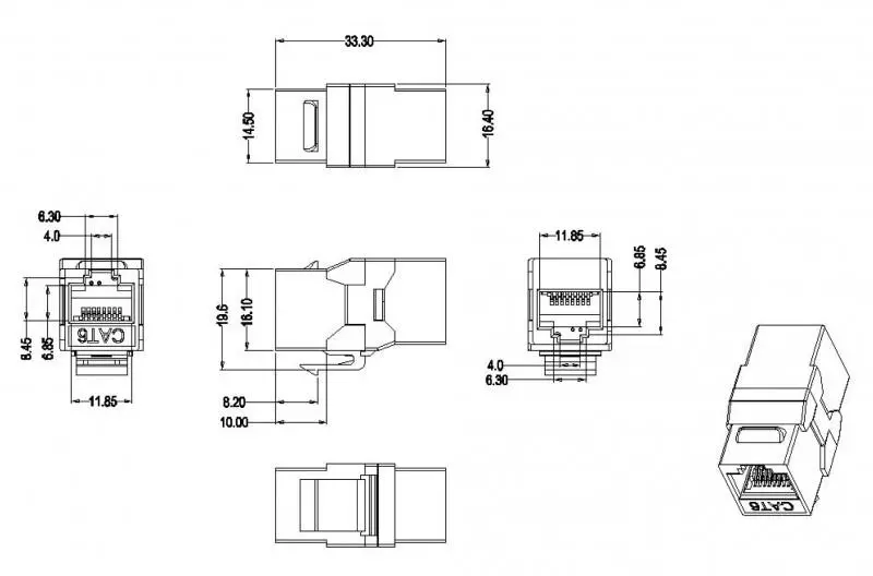 Hyperline CA2-KJ-C6-SH-BK   (coupler), RJ-45(8P8C)  Keystone Jack,  6, 4 , , 