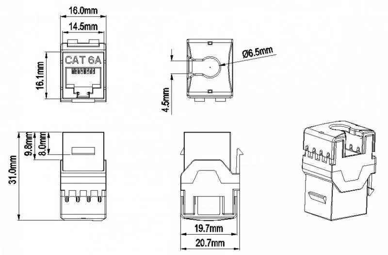 Hyperline KJ8-8P8C-C6A-180-GY  Keystone Jack RJ-45(8P8C),  6a (10G),  180 , 